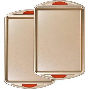 2 Piece Cookie Sheet Baking Pan Set, Gold Nonstick Trays with Red Silicone